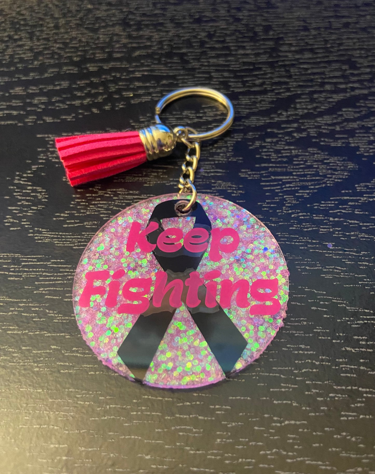Keep Fighting Keychain (Pink Tassel)